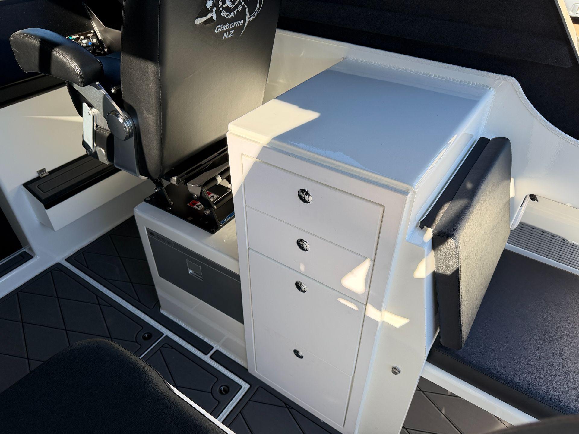 Helm box seat with fridge drawer & cabinet